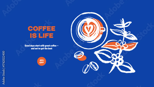 Hand drawn coffee shop poster with cup with latte art heart, coffee plant branch and beans. Cafe menu, bakery branding, packaging design. Whimsical sketch vector illustration.