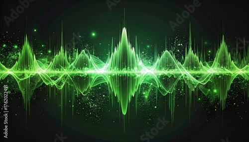 An abstract, green visualization of sound waves against a dark background. The waveforms rise, fall, and reflect. Sparks and light effects enhance the digital aesthetic