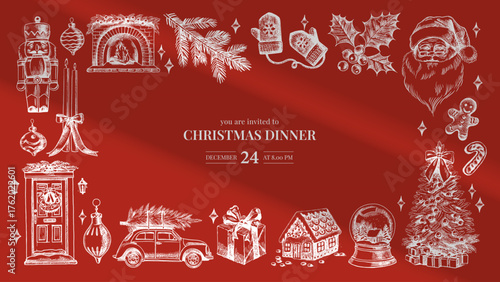 Christmas frame mockup with hand drawn holiday elements. Festive mood, elegant vintage style frame design. Vector sketch illustration.