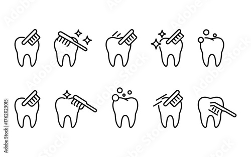 Dental health and tooth care icons set. Healthy teeth, cavity, protection, prevention, dentistry. Outline vector illustrations