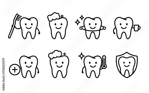 Dental health and tooth care icons set. Healthy teeth, cavity, protection, prevention, dentistry. Outline vector illustrations