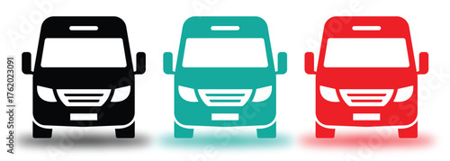 Three Colorful Van Front Icons — Minimalist Vehicle Vector Illustration on White Background