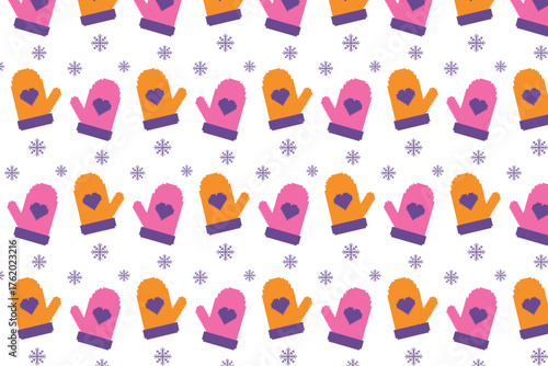 Seamless pattern with winter mittens and snowflakes. Vector illustration in pickel art style.
