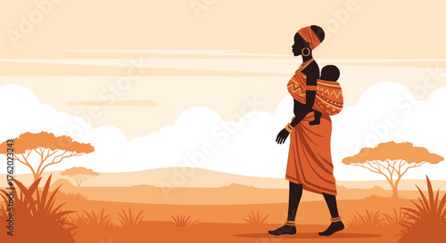 African woman carrying a child in a sling on her back, ideal for promoting themes of motherhood and cultural practices in family-oriented events