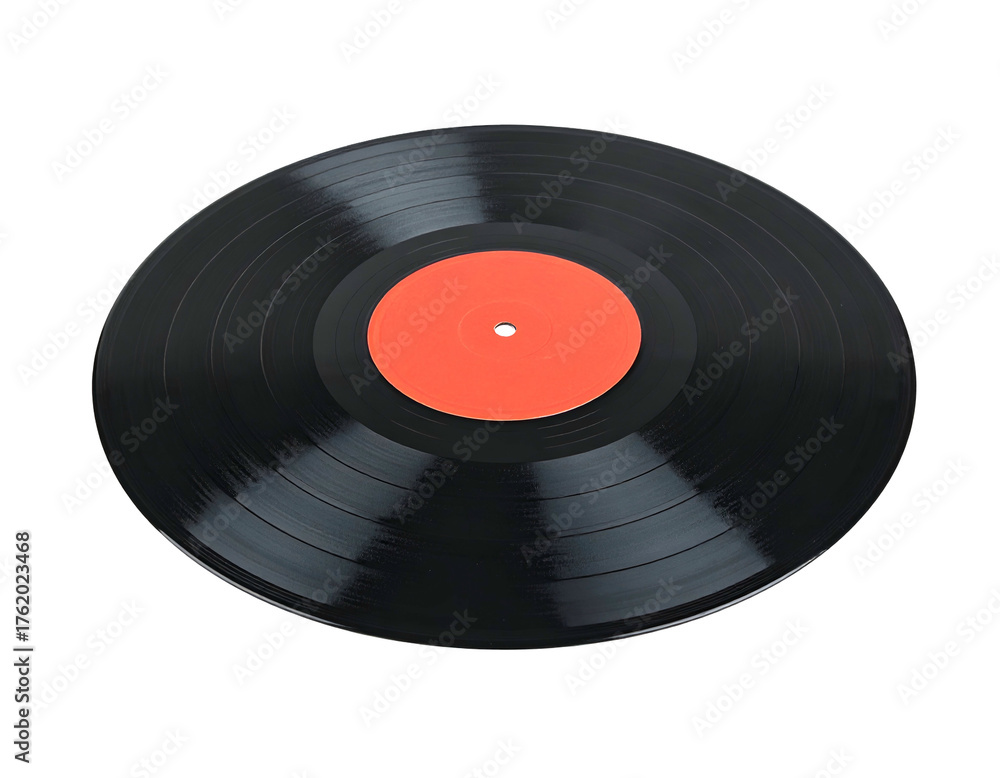 Fototapeta premium Overhead shot of a vinyl record with a blank orange label on a black background