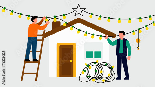 Hanging Christmas Lights on the House – Outdoor Holiday Decorating Scene