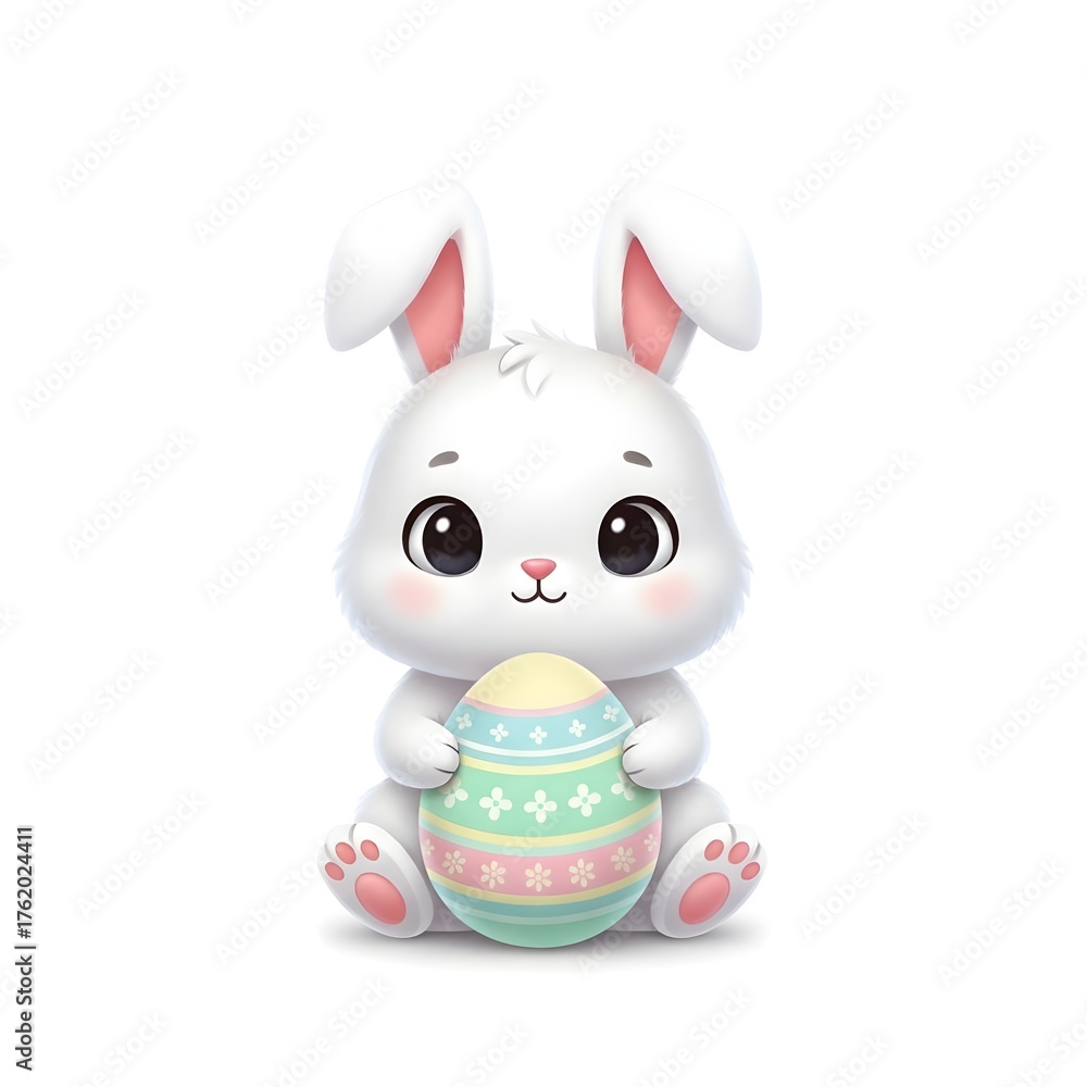 Obraz premium Adorable cartoon white bunny rabbit holding a colorful striped easter egg with big eyes