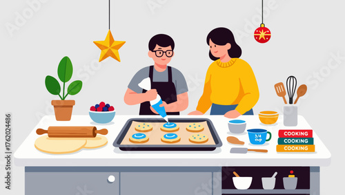 Christmas Cookie Workshop — Couple Decorating Holiday Sugar Cookies in a Cozy Kitchen