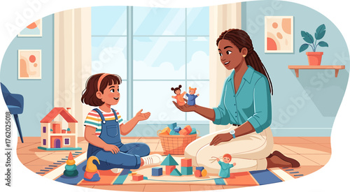 Joyful Playtime A heartwarming illustration of a mother and daughter engaging in creative play with toys