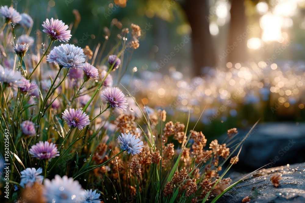 Obraz premium Dewy Wildflowers at Dawn in a Soft Meadow