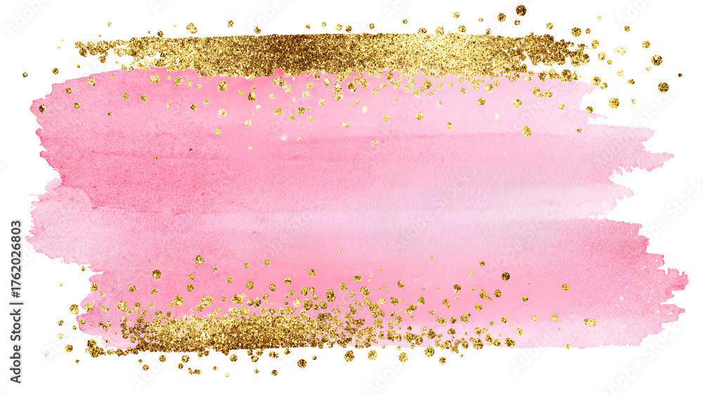 Obraz premium Pastel pink watercolor paint brush glitter gold with golden , dots and stains. Pastel marble alcohol ink drawing effect. pink texture design element for wedding invitation. Stock Illustration