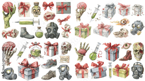 Creepy watercolor Halloween set with skulls, syringes, zombie hands, and toxic potions. Great for horror stories, medical-themed Halloween parties, or dark art designs.