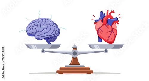 Brain vs heart balance concept illustration showing emotional intelligence and rational thinking on scales on transparent background