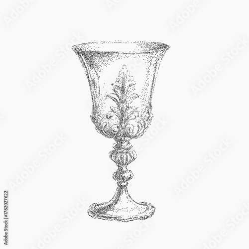 Antique cup. Inked form with subtle grain overlay, rough speckle details, and vintage threshold pattern. Paper grit and dust spread across gently.