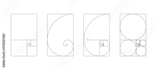 Vertical Fibonacci numbers array set of 4 elements. Golden ratio harmony proportions templates. 