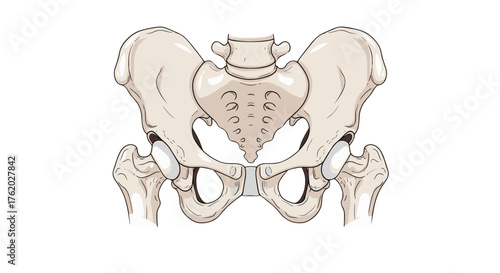 Human pelvic bone anatomy illustration for medical education and anatomical study of the skeletal system on transparent background