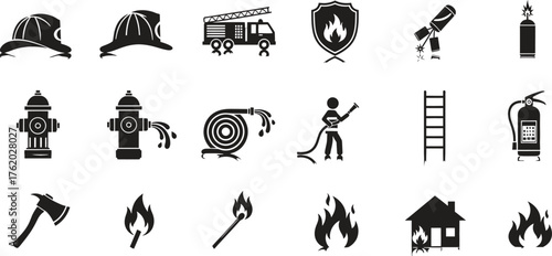 Firefighter Safety and Emergency Response Equipment Black and White Icons Set