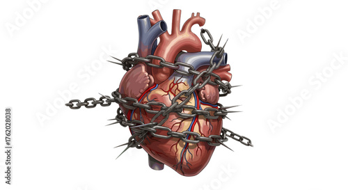 Anatomical heart chained and spiked illustration for medical concept and cardiovascular health awareness design on transparent background