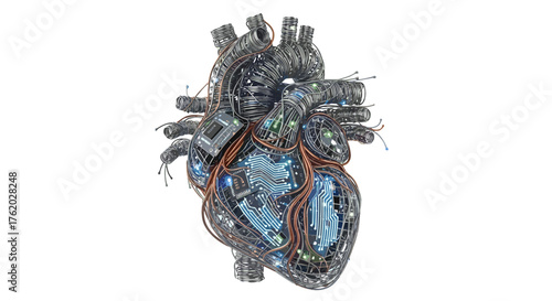 Futuristic heart illustration showcasing advanced technology and artificial intelligence concept design art on transparent background