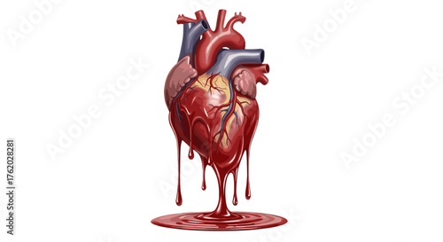 Anatomical heart illustration with dripping blood for medical and health content, study and educational use on transparent background