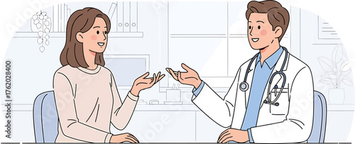 Doctor provides medical consultation and health advice to a female patient during an appointment in a clinic