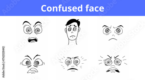 Confused face expressions illustrated in various cartoon styles  