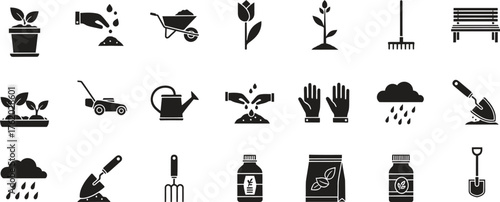 Gardening tools and elements seamless pattern in black and white
