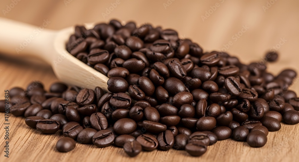 Fototapeta premium Fresh Roasted Coffee Beans with Wooden Spoon on Rustic Wood