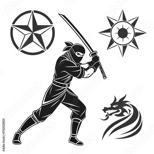 Ninja samurai warrior with star, sun symbol and dragon element set, black illustration on white background