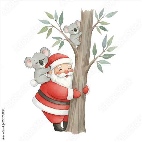 Santa and Koala Hugging Tree Watercolor Vector Illustration on White Background

