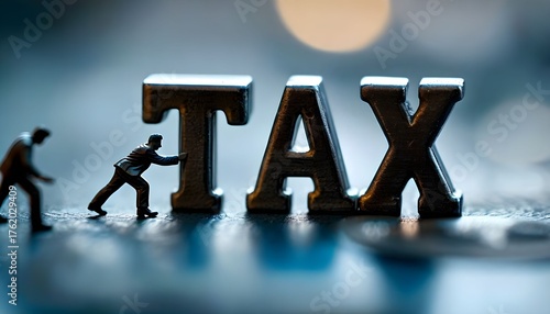 Wallpaper Mural Miniature figures struggle to move large metal "TAX" letters on a textured, reflective surface. Torontodigital.ca