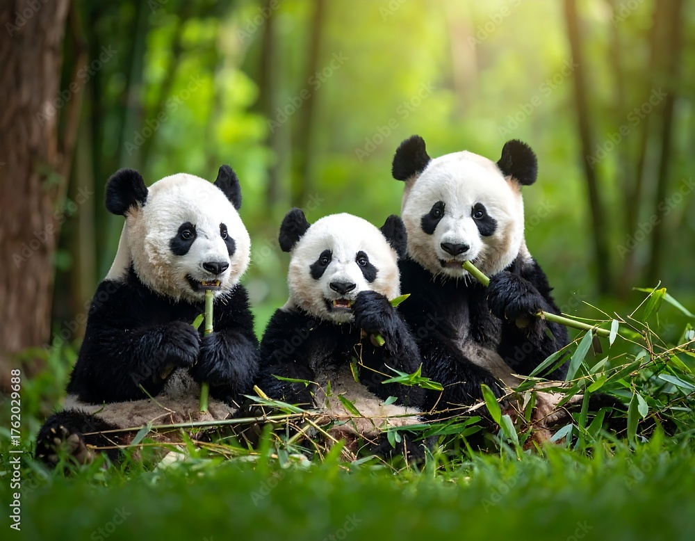 Naklejka premium Three fluffy, black and white bear-like mammals enjoying bamboo