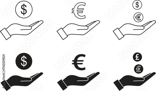 Hand holding currency vector illustration of dollar euro pound concept