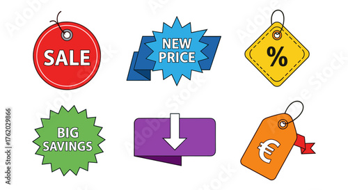 Colorful price tags and discount labels for promotions and sales