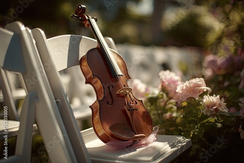 A violin rests on a chair, next to roses, implying a wedding ceremony; dreamy, soft focus