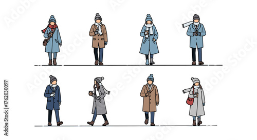 Winter fashion characters in flat design with accessories and coffee