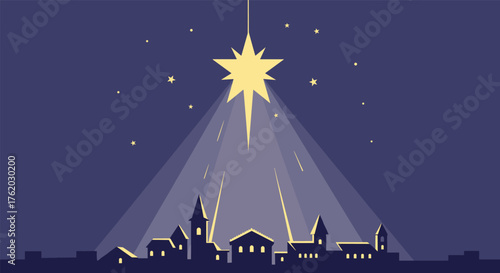 Christmas night sky with star over village silhouette in minimalist style