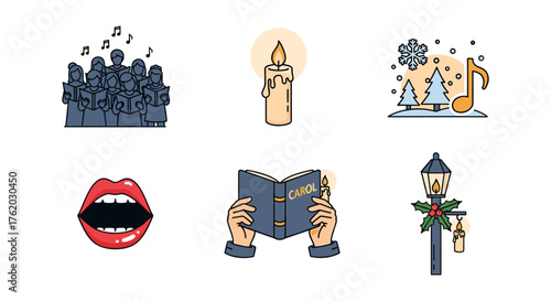 Festive christmas caroling icons: choir, candle, hymn, and holiday cheer