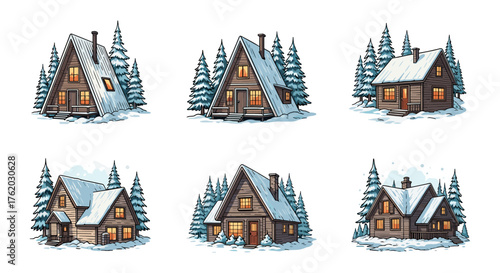 Charming winter cabins with snowy trees in hand-drawn style