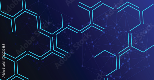 Abstract representation of molecular structures and digital network connections on a dark blue background.