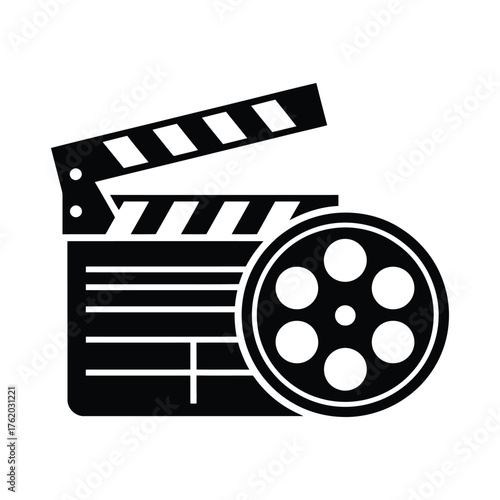 Iconic movie clapperboard and film reel symbolizing filmmaking and cinema production