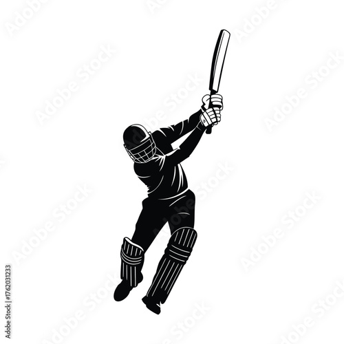Silhouette of a cricket batsman in action swinging a bat during a game