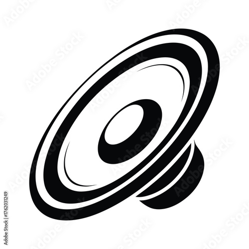 Stylized black and white graphic illustration of a speaker cone and surround