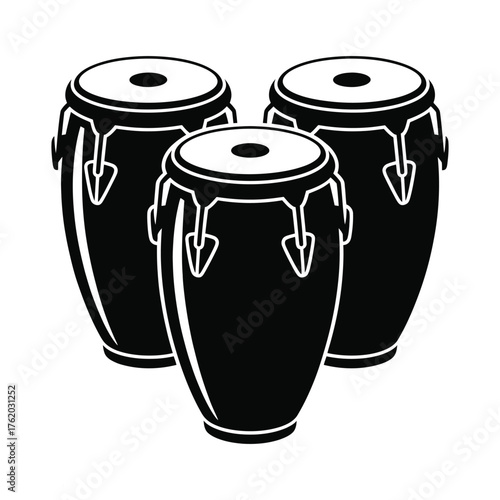 Three black silhouette conga drums on a white background