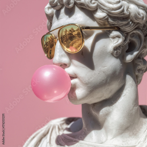 Marble statue wearing sunglasses and blowing bubble gum against a pink backdrop in a modern artistic setting