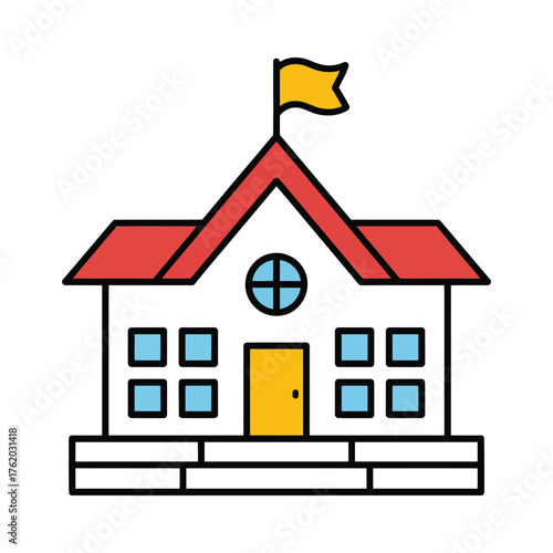Simple cartoon illustration of a school building with a red roof and yellow door