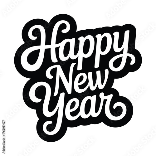 Happy new year text graphic with decorative lettering and black outline on white background