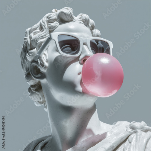 Plaster statue wears oversized sunglasses and chews pink bubble gum in modern artistic display