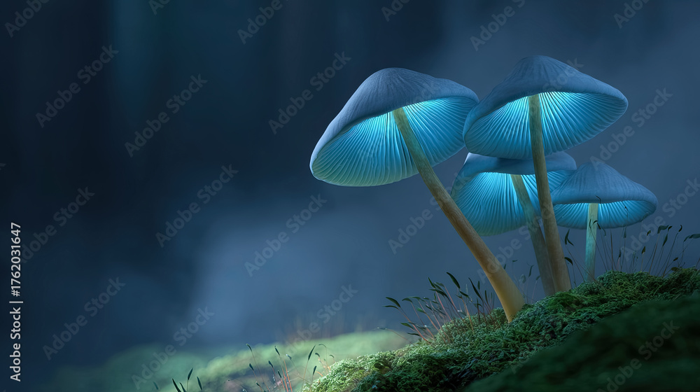 Fototapeta premium Glowing blue mushrooms illuminated in a mystical forest setting with soft ambient light