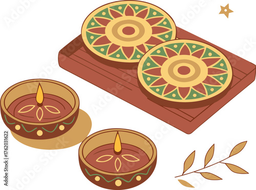 Diwali-themed vector set featuring decorative diyas and floral elements, ideal for greeting cards and festive designs